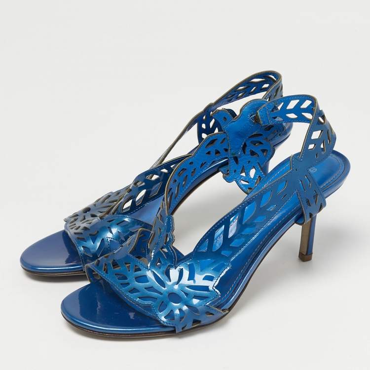 Pre Owned Sergio Rossi Blue Laser Cut Leather Slingback Sandals Size  36.5