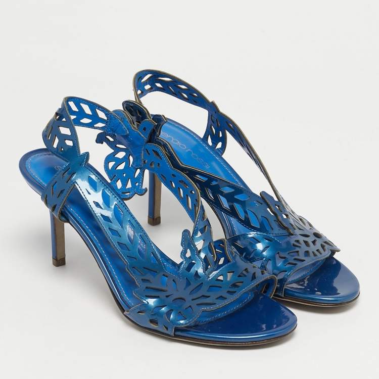 Pre Owned Sergio Rossi Blue Laser Cut Leather Slingback Sandals Size  36.5