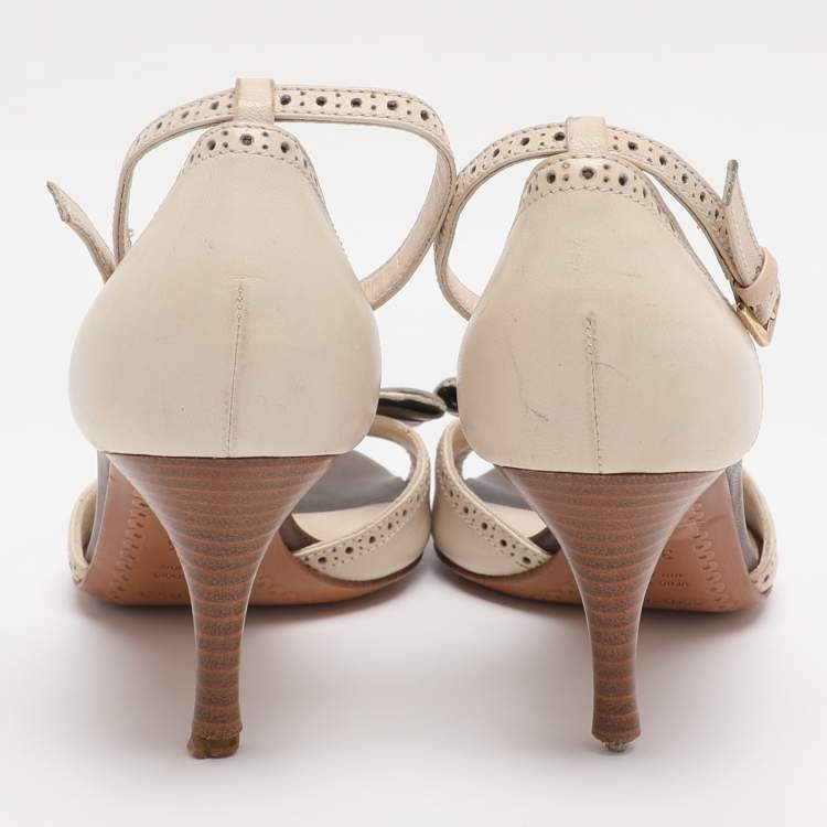 Pre Owned Sergio Rossi White/Brown Leather Bow Ankle Strap Sandals Size 36.5