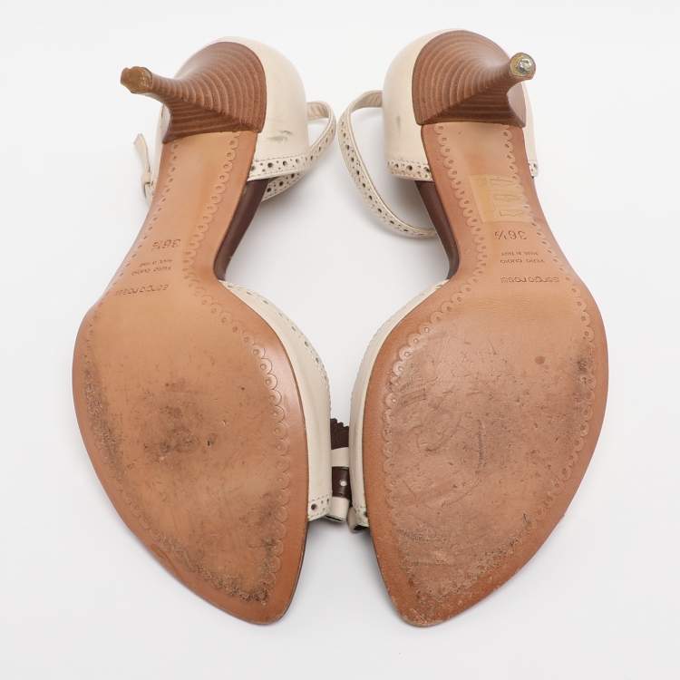 Pre Owned Sergio Rossi White/Brown Leather Bow Ankle Strap Sandals Size 36.5