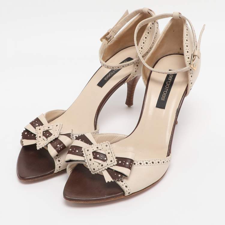 Pre Owned Sergio Rossi White/Brown Leather Bow Ankle Strap Sandals Size 36.5