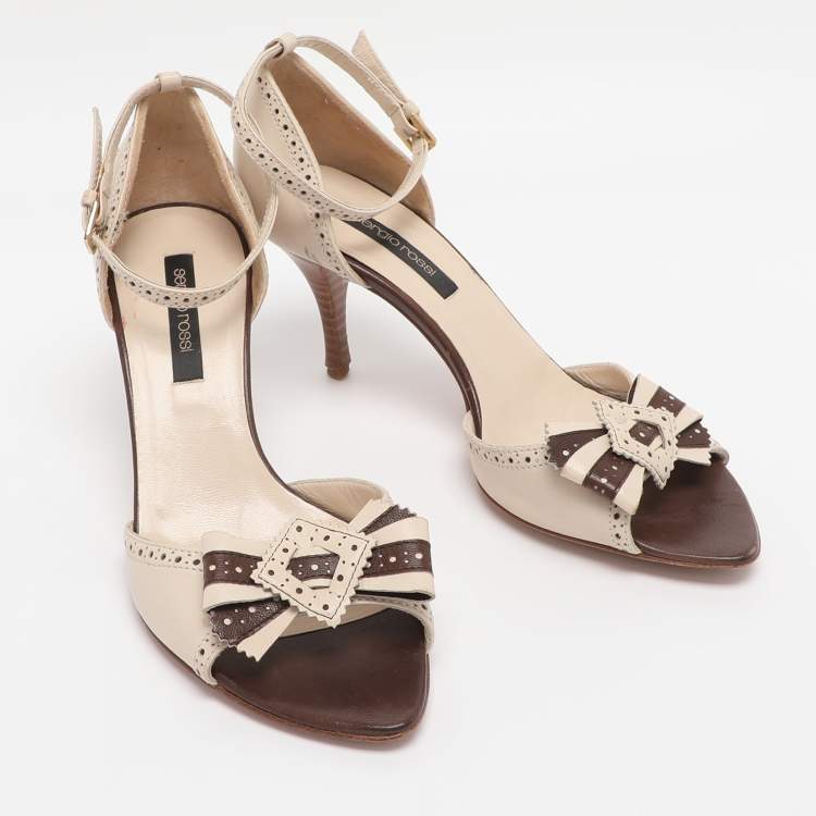 Pre Owned Sergio Rossi White/Brown Leather Bow Ankle Strap Sandals Size 36.5