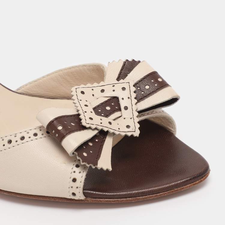 Pre Owned Sergio Rossi White/Brown Leather Bow Ankle Strap Sandals Size 36.5