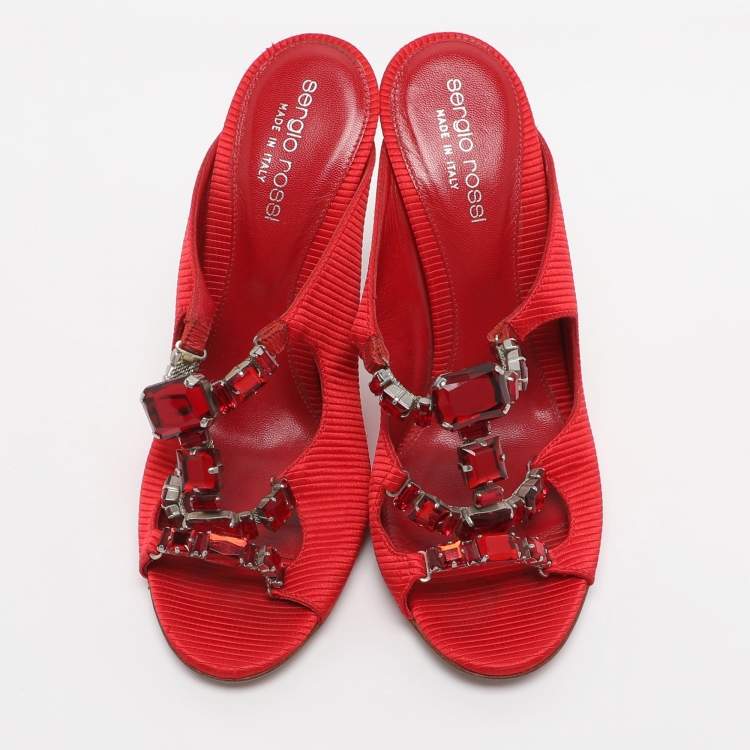 Pre Owned Sergio Rossi Red Fabric Crystal Embellished Slide Sandals Size 36.5