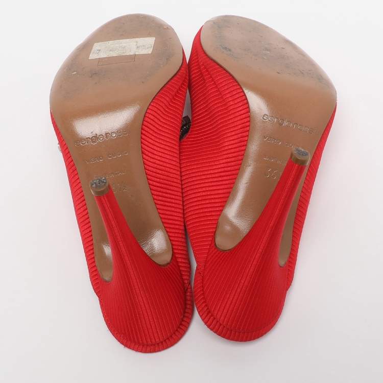 Pre Owned Sergio Rossi Red Fabric Crystal Embellished Slide Sandals Size 36.5