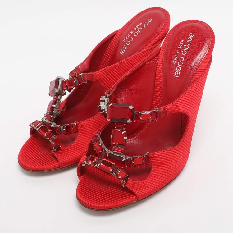 Pre Owned Sergio Rossi Red Fabric Crystal Embellished Slide Sandals Size 36.5