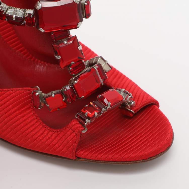 Pre Owned Sergio Rossi Red Fabric Crystal Embellished Slide Sandals Size 36.5
