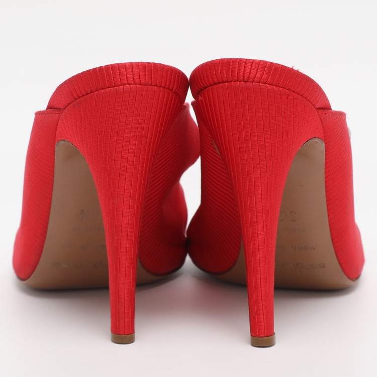 Pre Owned Sergio Rossi Red Fabric Crystal Embellished Slide Sandals Size 36.5