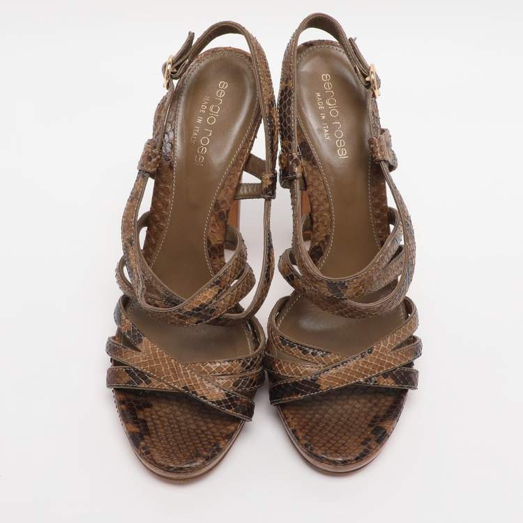 Pre Owned Sergio Rossi Brown Python Leather Ankle Strap Sandals Size 37