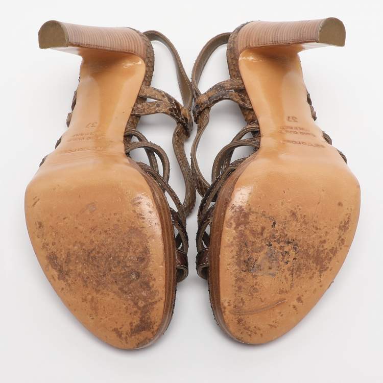 Pre Owned Sergio Rossi Brown Python Leather Ankle Strap Sandals Size 37