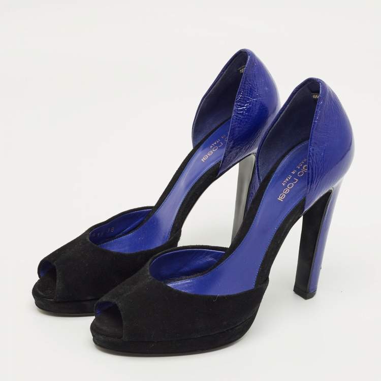 Pre Owned Sergio Rossi Blue/Navy Blue Suede and Leather Cut Out Pumps Size 38