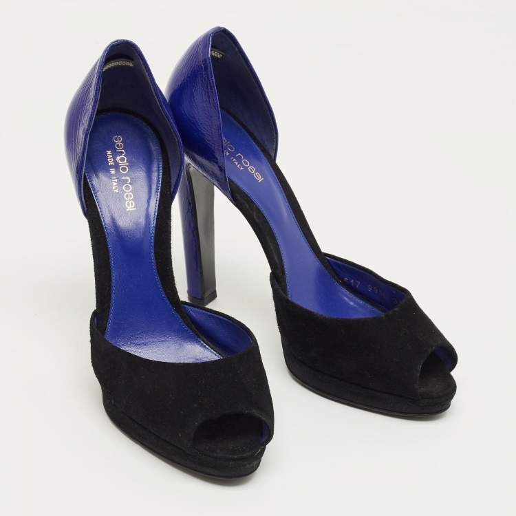 Pre Owned Sergio Rossi Blue/Navy Blue Suede and Leather Cut Out Pumps Size 38