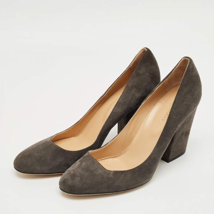 Pre Owned Sergio Rossi Grey Suede Block Heel Pumps Size 39.5