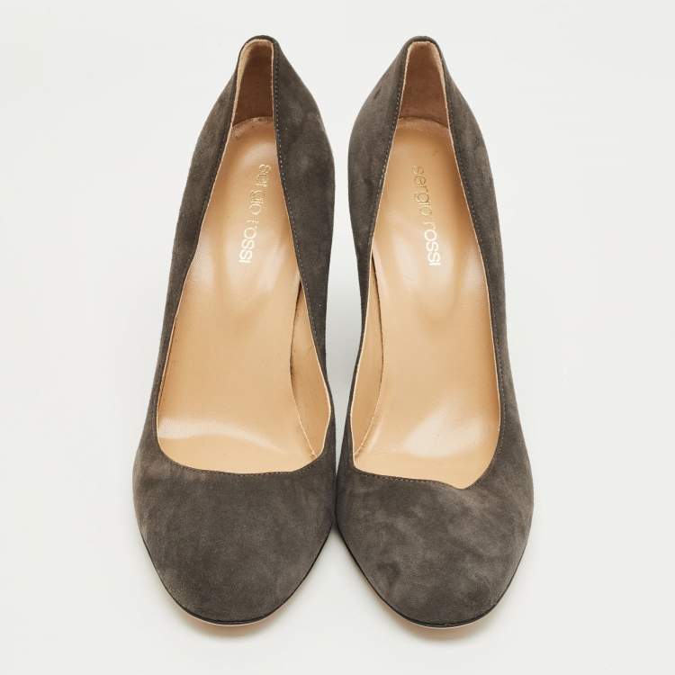 Pre Owned Sergio Rossi Grey Suede Block Heel Pumps Size 39.5