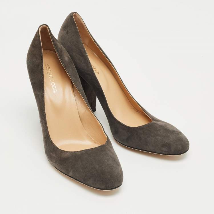 Pre Owned Sergio Rossi Grey Suede Block Heel Pumps Size 39.5