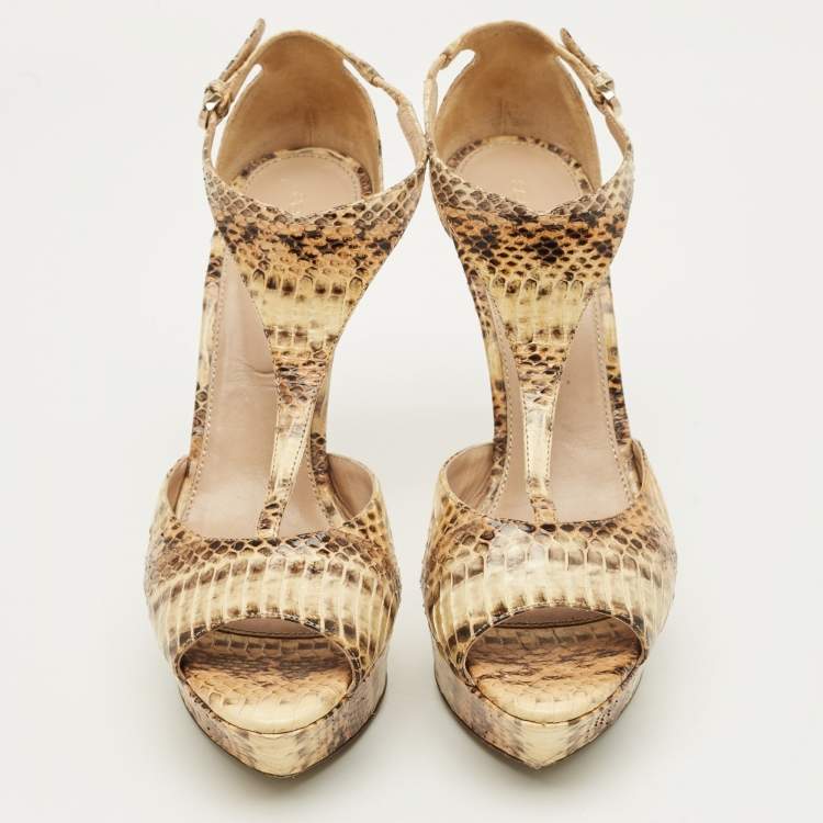 Pre Owned Sergio Rossi Beige/Brown Python Leather T-Strap Platform Sandals Size 39