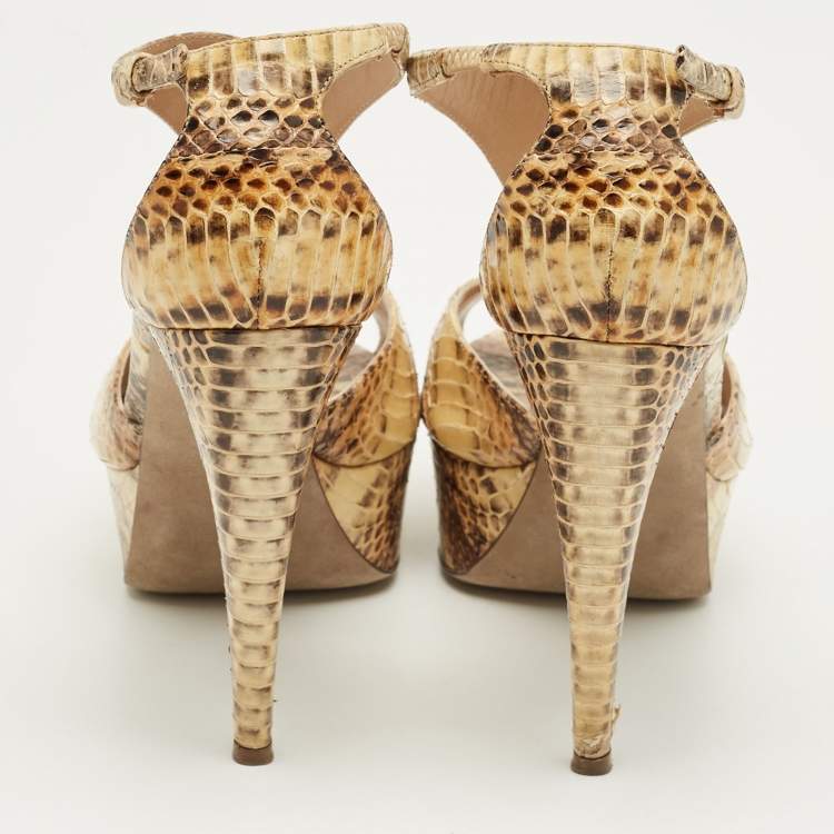 Pre Owned Sergio Rossi Beige/Brown Python Leather T-Strap Platform Sandals Size 39