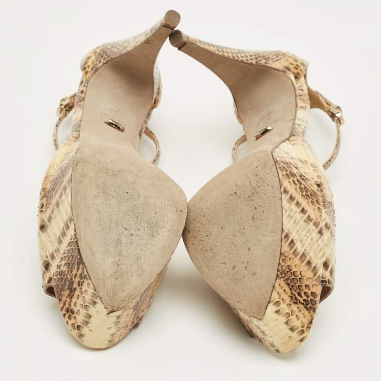 Pre Owned Sergio Rossi Beige/Brown Python Leather T-Strap Platform Sandals Size 39