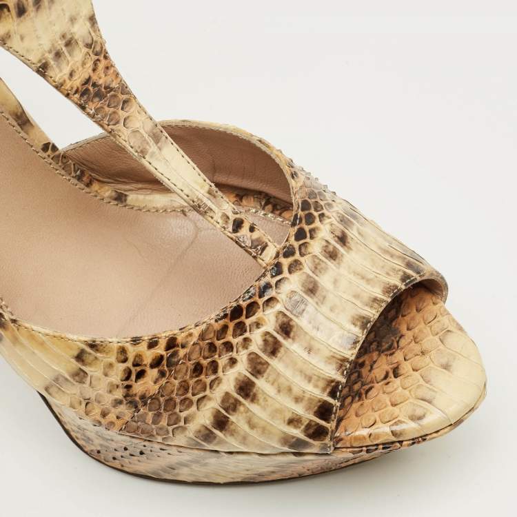 Pre Owned Sergio Rossi Beige/Brown Python Leather T-Strap Platform Sandals Size 39