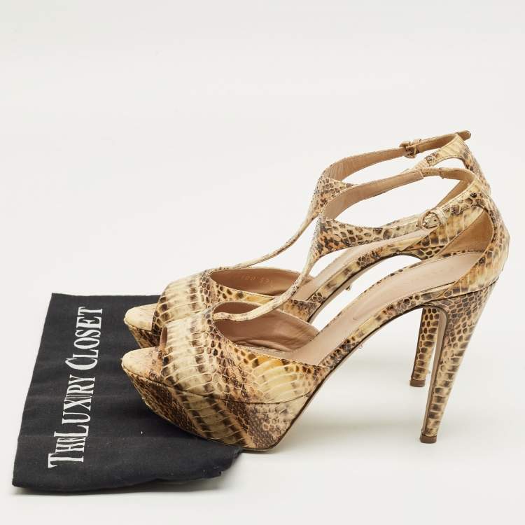 Pre Owned Sergio Rossi Beige/Brown Python Leather T-Strap Platform Sandals Size 39