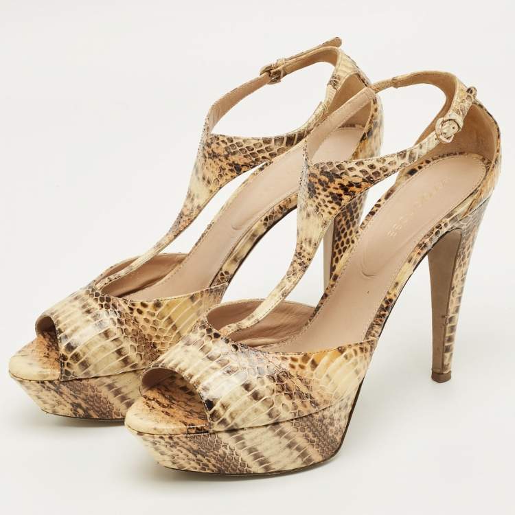 Pre Owned Sergio Rossi Beige/Brown Python Leather T-Strap Platform Sandals Size 39