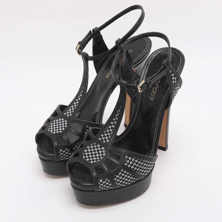 Pre Owned Sergio Rossi Black Monochrome Leather and Straw Platform Sandals Size 35