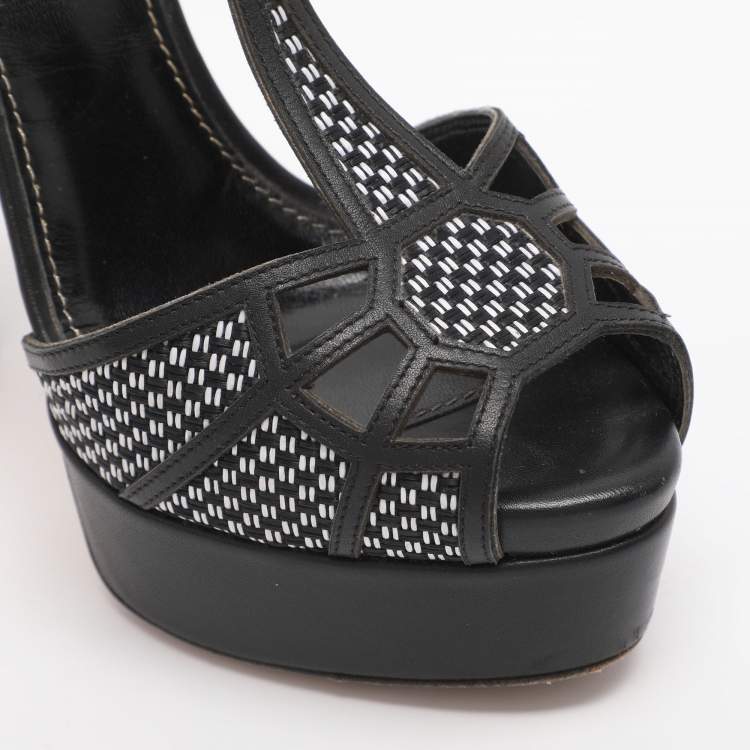 Pre Owned Sergio Rossi Black Monochrome Leather and Straw Platform Sandals Size 35