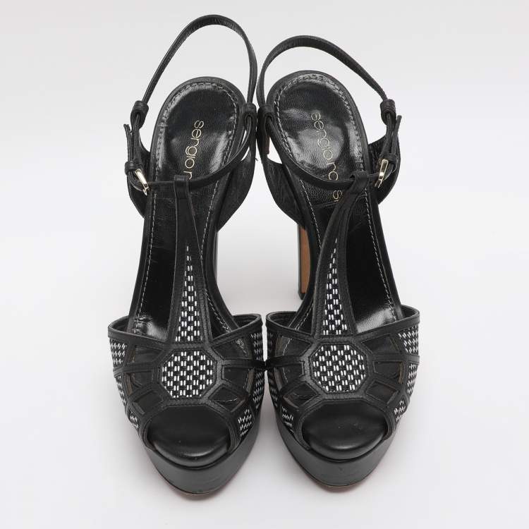 Pre Owned Sergio Rossi Black Monochrome Leather and Straw Platform Sandals Size 35