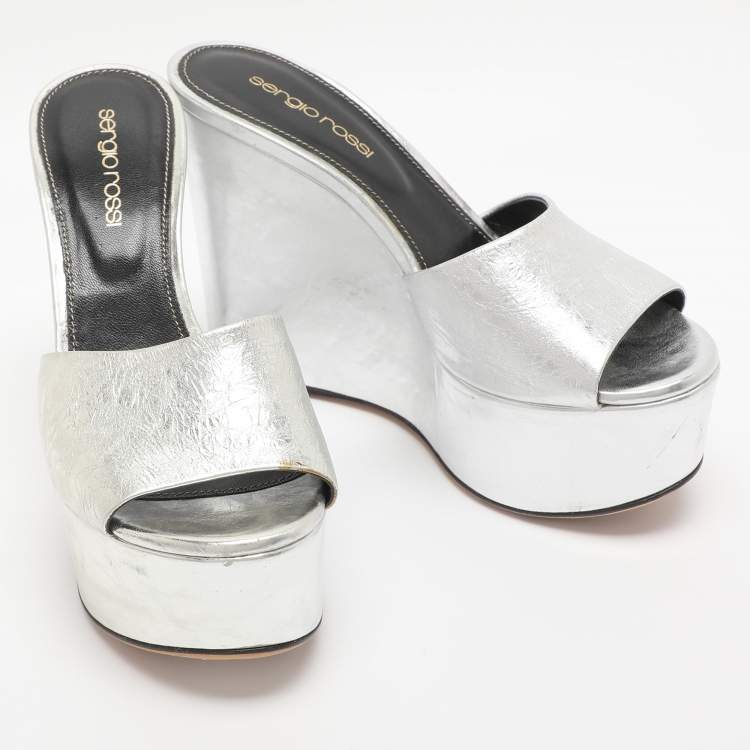 Pre Owned Sergio Rossi Silver Patent Leather Lakeesha Wedge Sandals Size 35