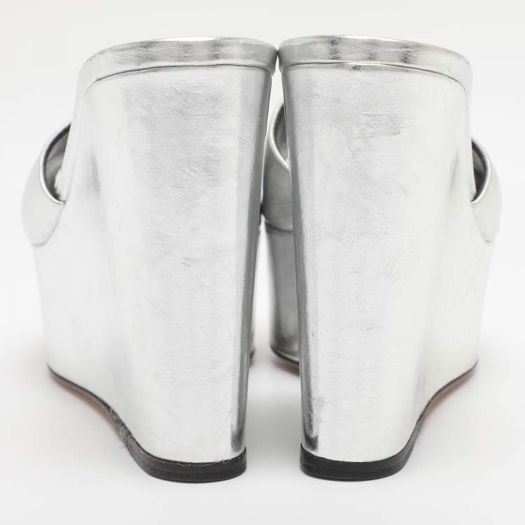 Pre Owned Sergio Rossi Silver Patent Leather Lakeesha Wedge Sandals Size 35