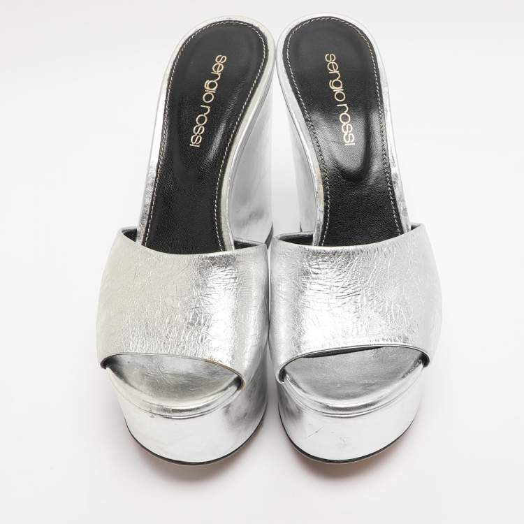 Pre Owned Sergio Rossi Silver Patent Leather Lakeesha Wedge Sandals Size 35