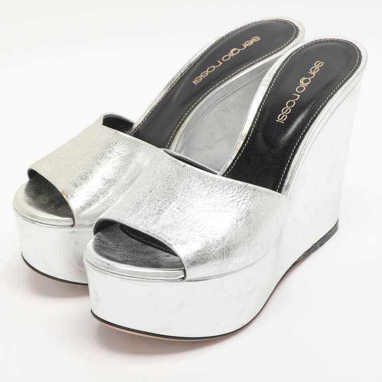 Pre Owned Sergio Rossi Silver Patent Leather Lakeesha Wedge Sandals Size 35