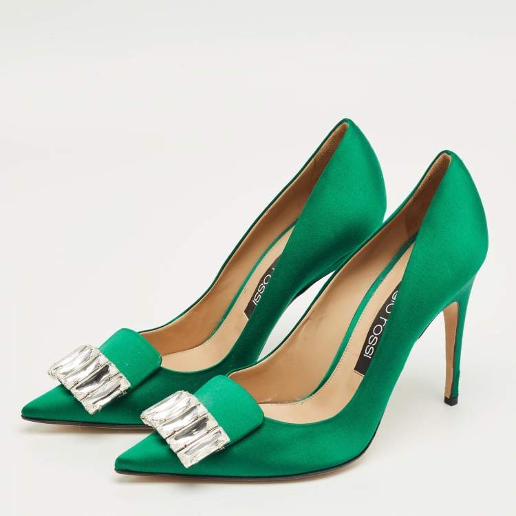 Pre Owned Sergio Rossi Green Satin Crystal Embellish Pointed Toe Pumps Size 40