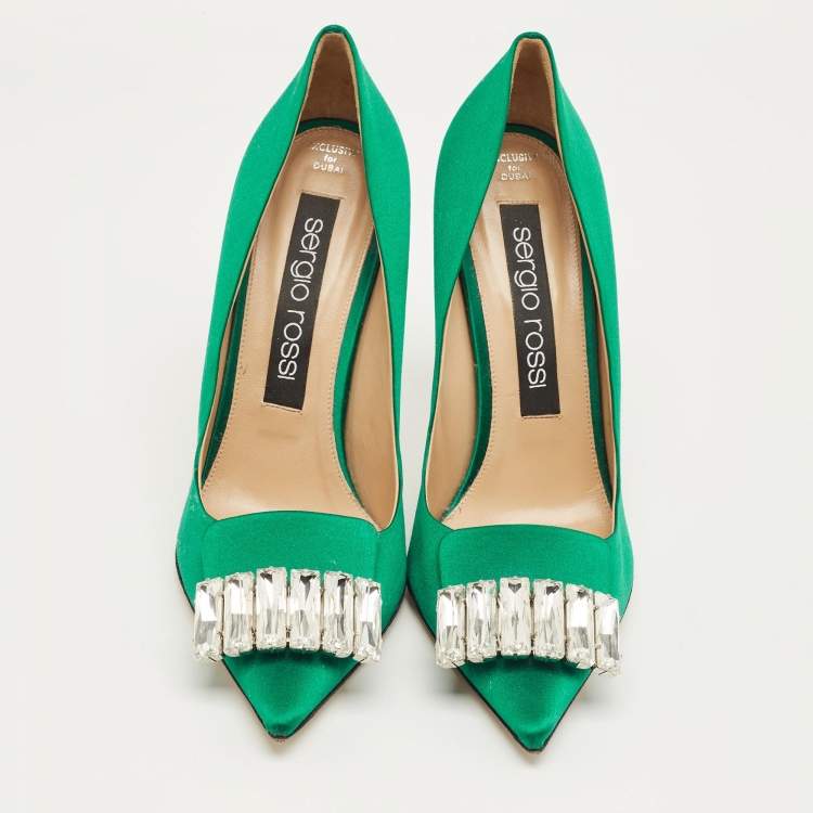Pre Owned Sergio Rossi Green Satin Crystal Embellish Pointed Toe Pumps Size 40