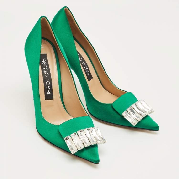 Pre Owned Sergio Rossi Green Satin Crystal Embellish Pointed Toe Pumps Size 40