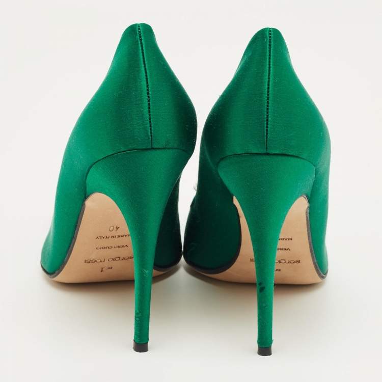 Pre Owned Sergio Rossi Green Satin Crystal Embellish Pointed Toe Pumps Size 40