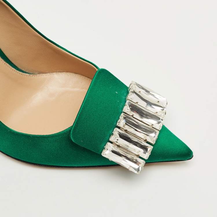 Pre Owned Sergio Rossi Green Satin Crystal Embellish Pointed Toe Pumps Size 40
