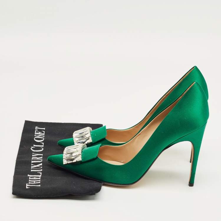 Pre Owned Sergio Rossi Green Satin Crystal Embellish Pointed Toe Pumps Size 40