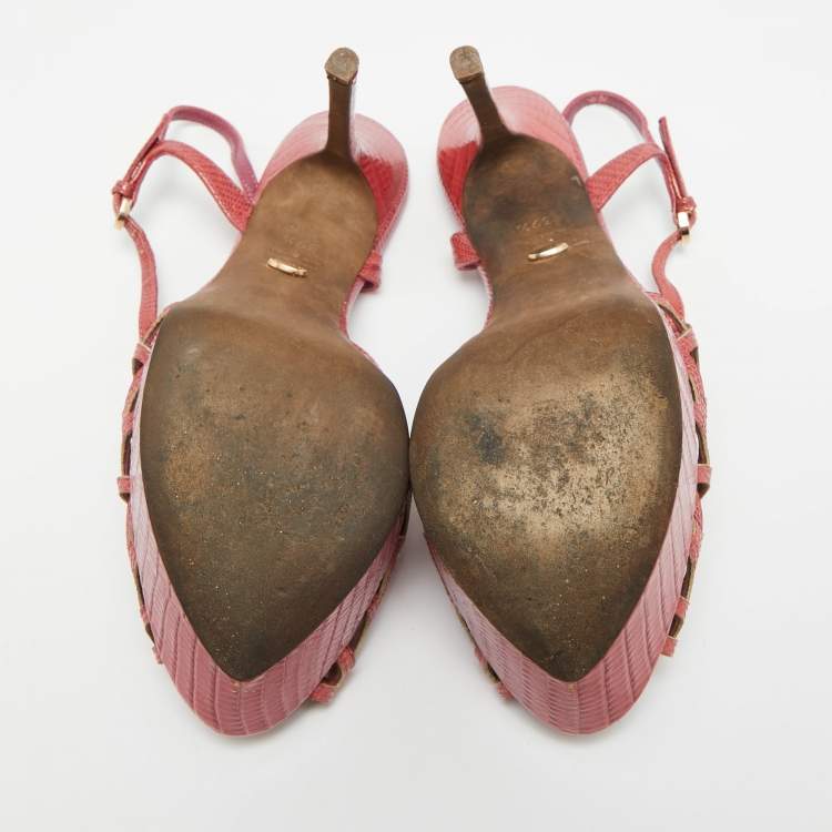 Pre Owned Sergio Rossi Purple Lizard Embossed Leather Cut-out Platform Ankle Strap Sandals Size 39.5