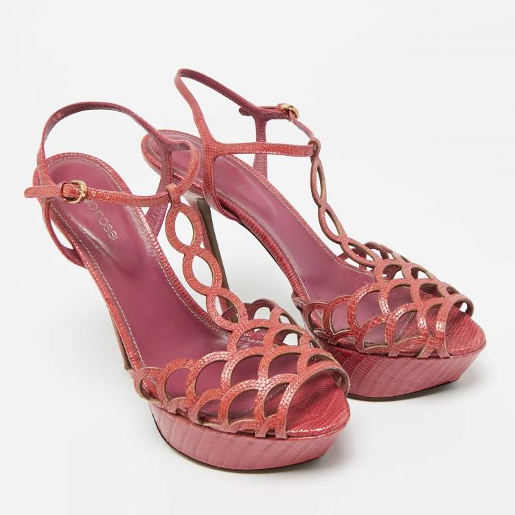 Pre Owned Sergio Rossi Purple Lizard Embossed Leather Cut-out Platform Ankle Strap Sandals Size 39.5