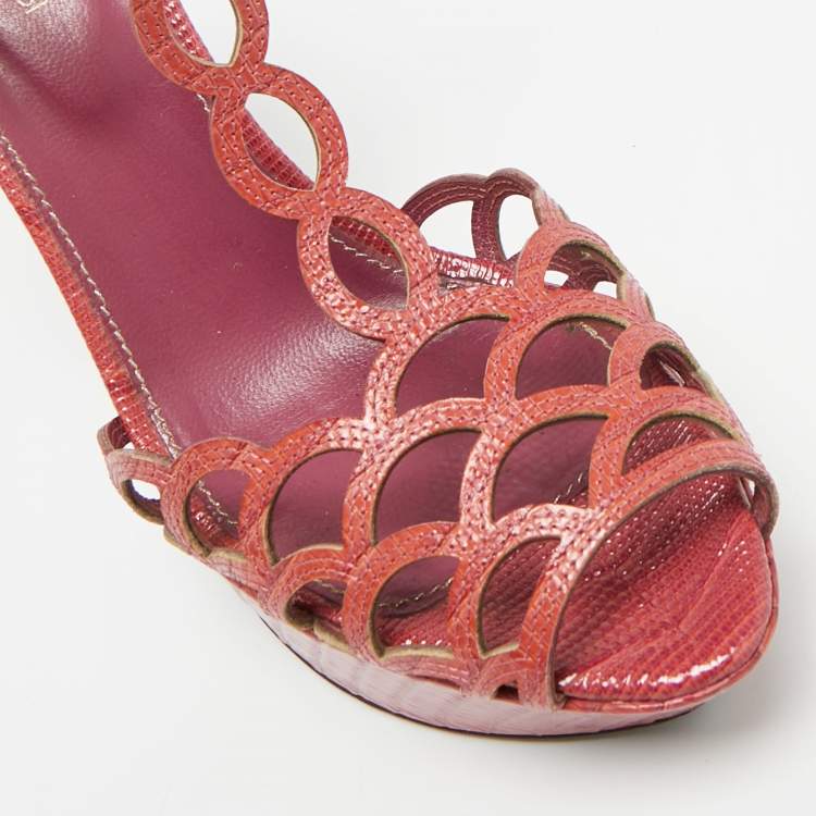 Pre Owned Sergio Rossi Purple Lizard Embossed Leather Cut-out Platform Ankle Strap Sandals Size 39.5