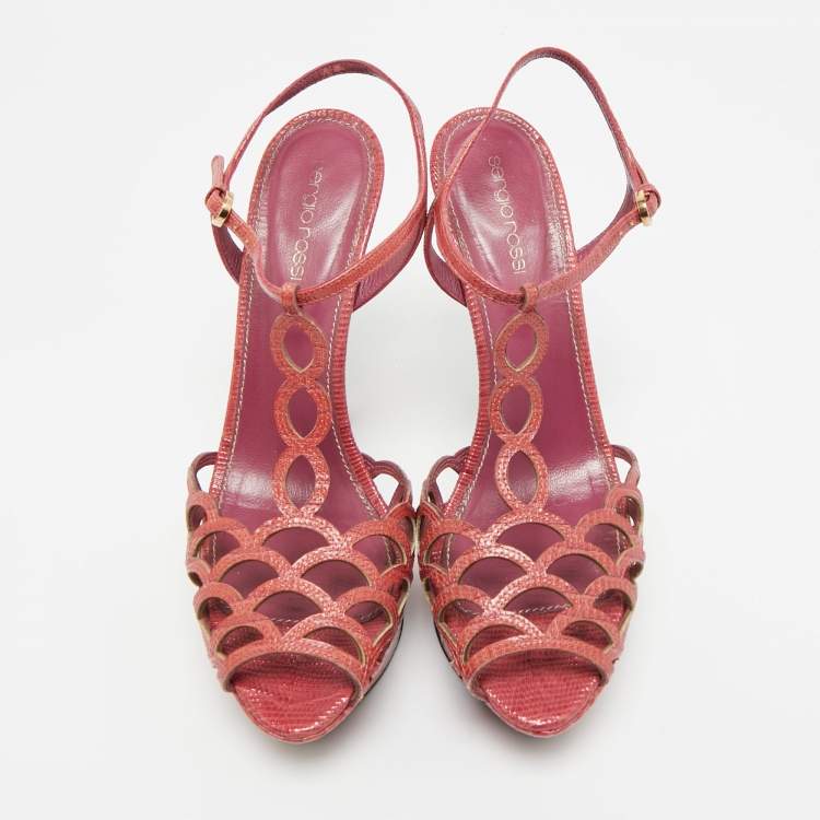 Pre Owned Sergio Rossi Purple Lizard Embossed Leather Cut-out Platform Ankle Strap Sandals Size 39.5