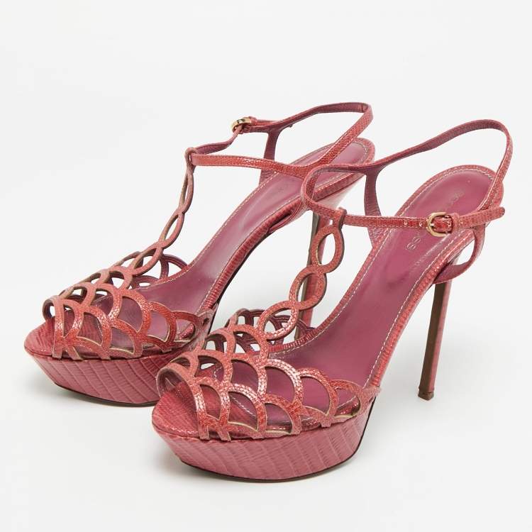 Pre Owned Sergio Rossi Purple Lizard Embossed Leather Cut-out Platform Ankle Strap Sandals Size 39.5
