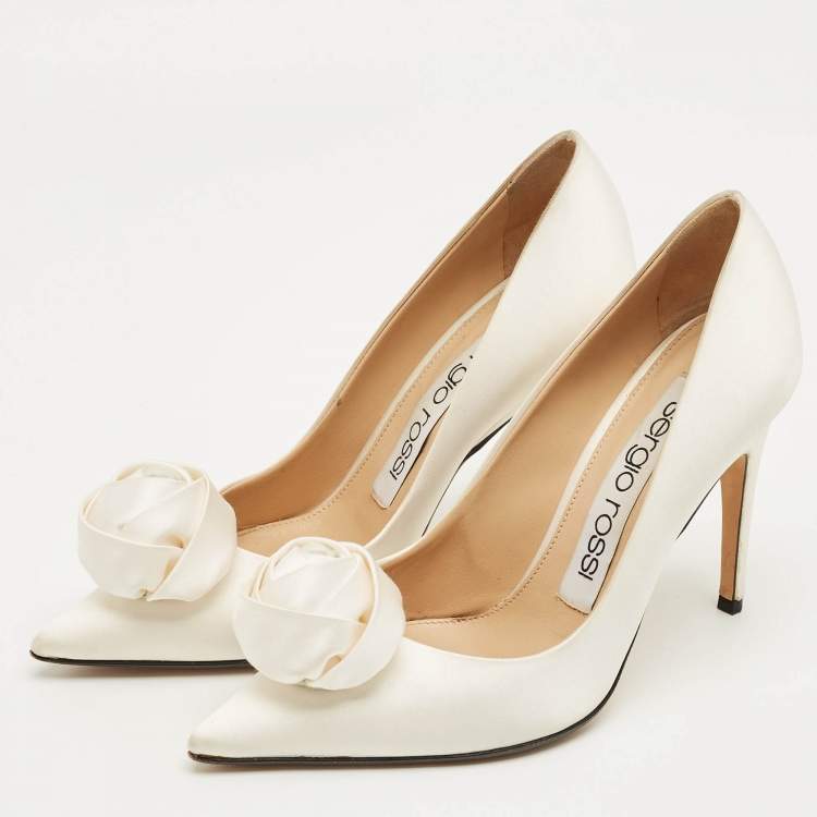 Pre Owned Sergio Rossi Cream Satin Rose Pearl Applique Pumps Size 36