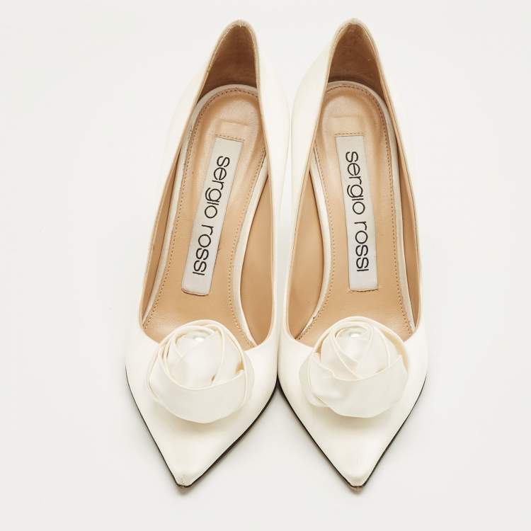 Pre Owned Sergio Rossi Cream Satin Rose Pearl Applique Pumps Size 36