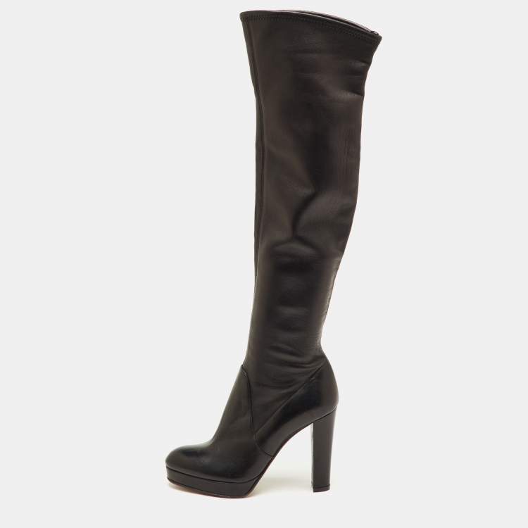 Pre Owned Sergio Rossi Size 36.5 Black Leather Platform Knee Length Boots