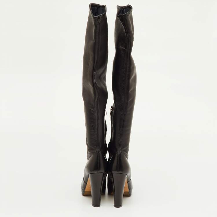 Pre Owned Sergio Rossi Size 36.5 Black Leather Platform Knee Length Boots