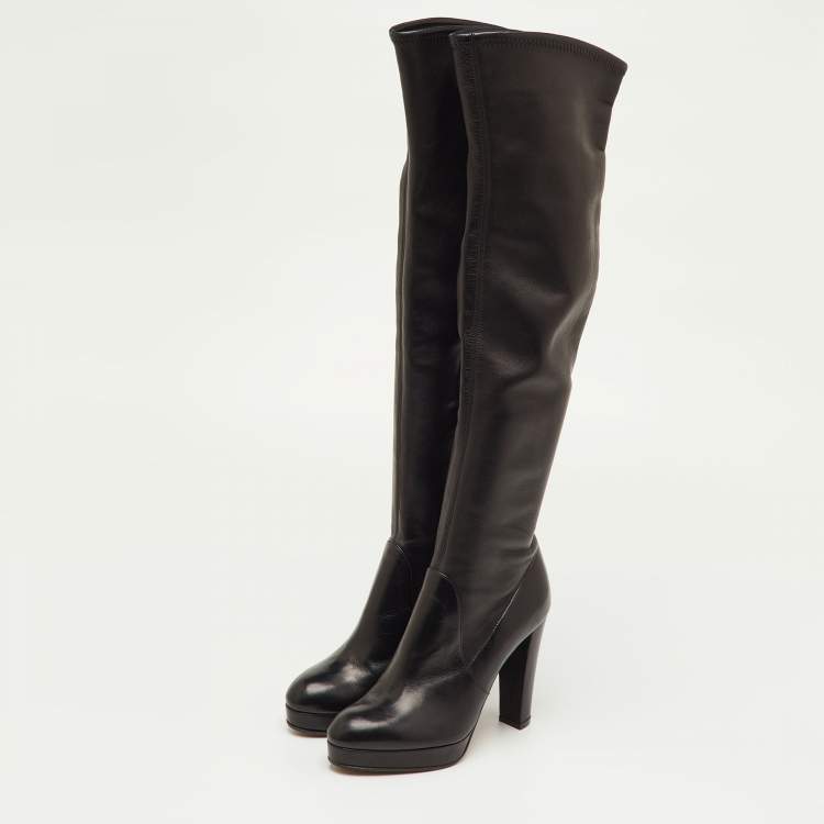 Pre Owned Sergio Rossi Size 36.5 Black Leather Platform Knee Length Boots