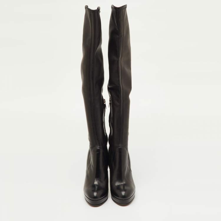 Pre Owned Sergio Rossi Size 36.5 Black Leather Platform Knee Length Boots