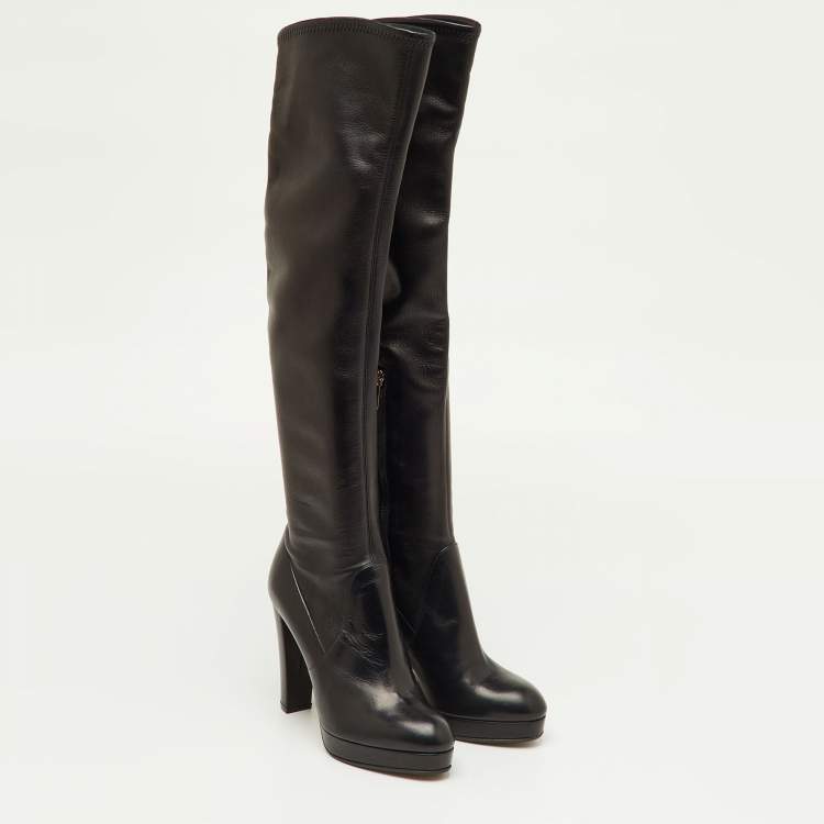 Pre Owned Sergio Rossi Size 36.5 Black Leather Platform Knee Length Boots